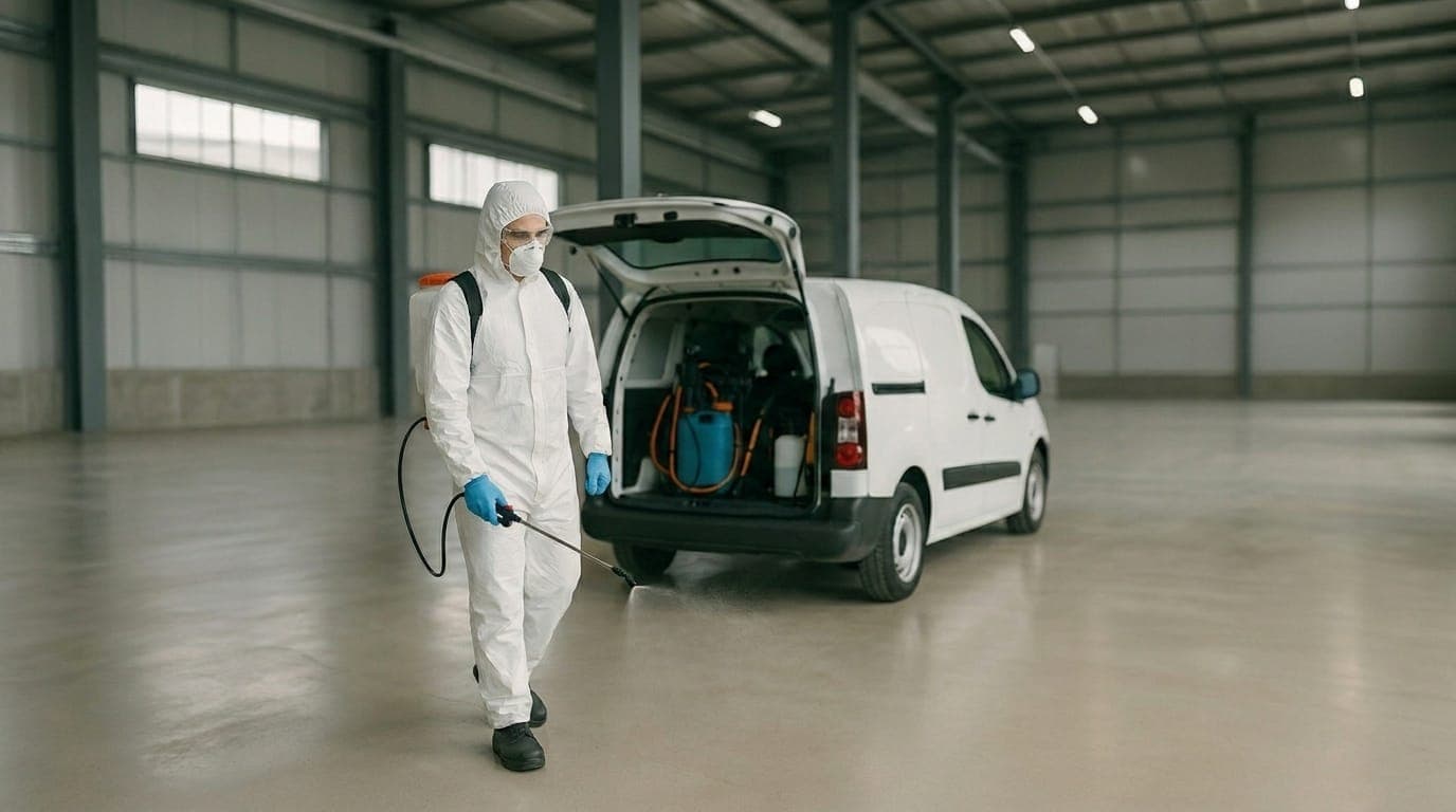 Tehnician DDD Orynco în combinezon de protecție cu echipament de pulverizare profesional, gata de intervenție într-un spațiu industrial