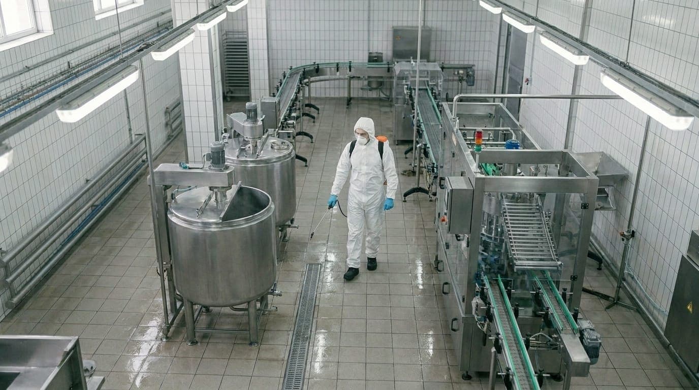 Tehnician autorizat în combinezon de protecție efectuând deratizare profesională într-o unitate de procesare alimentară – Orynco Oradea