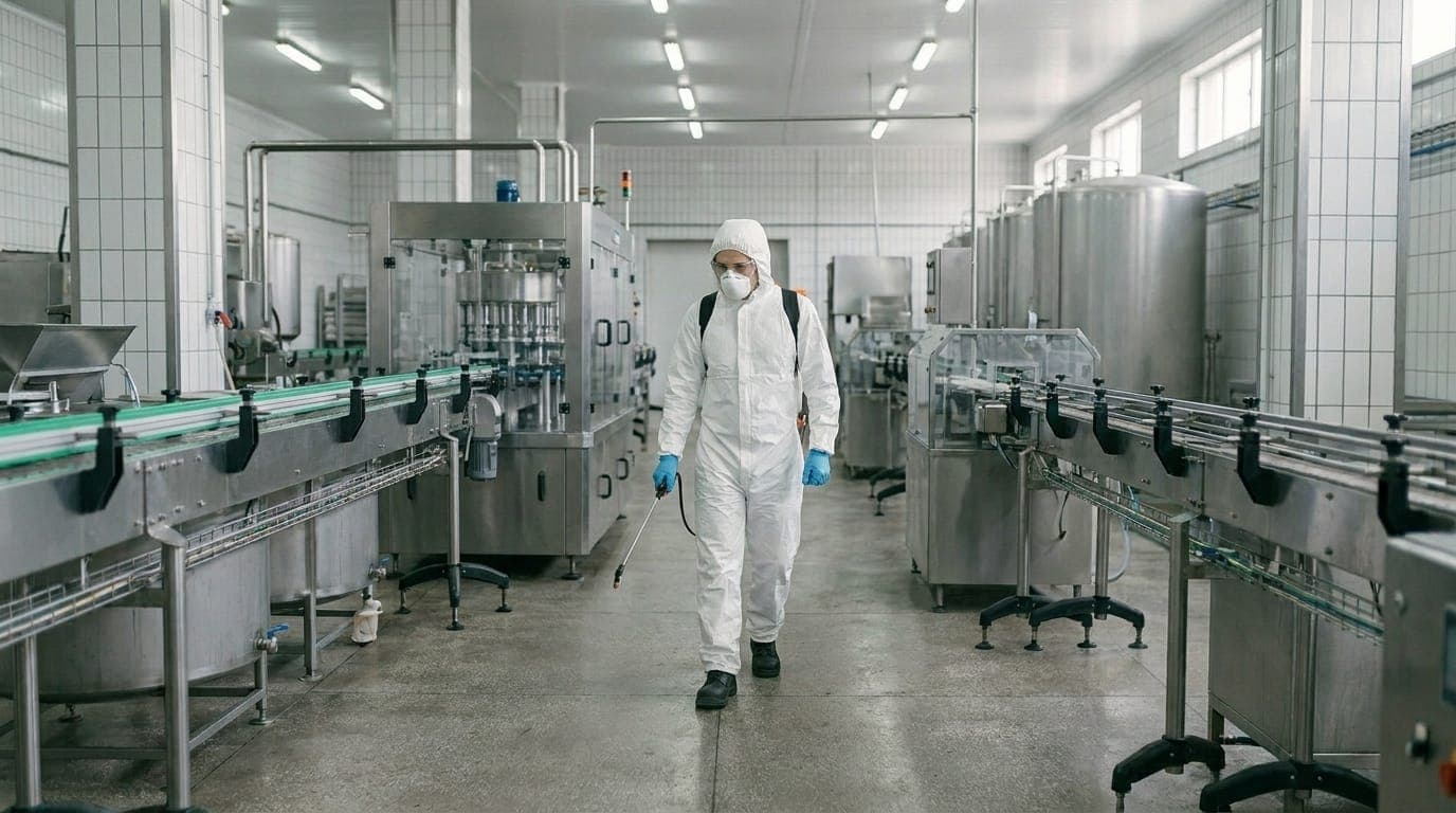 Specialist dezinfecție în combinezon de protecție aplicând biocide avizate pe linia de producție industrială – Orynco servicii DDD Oradea