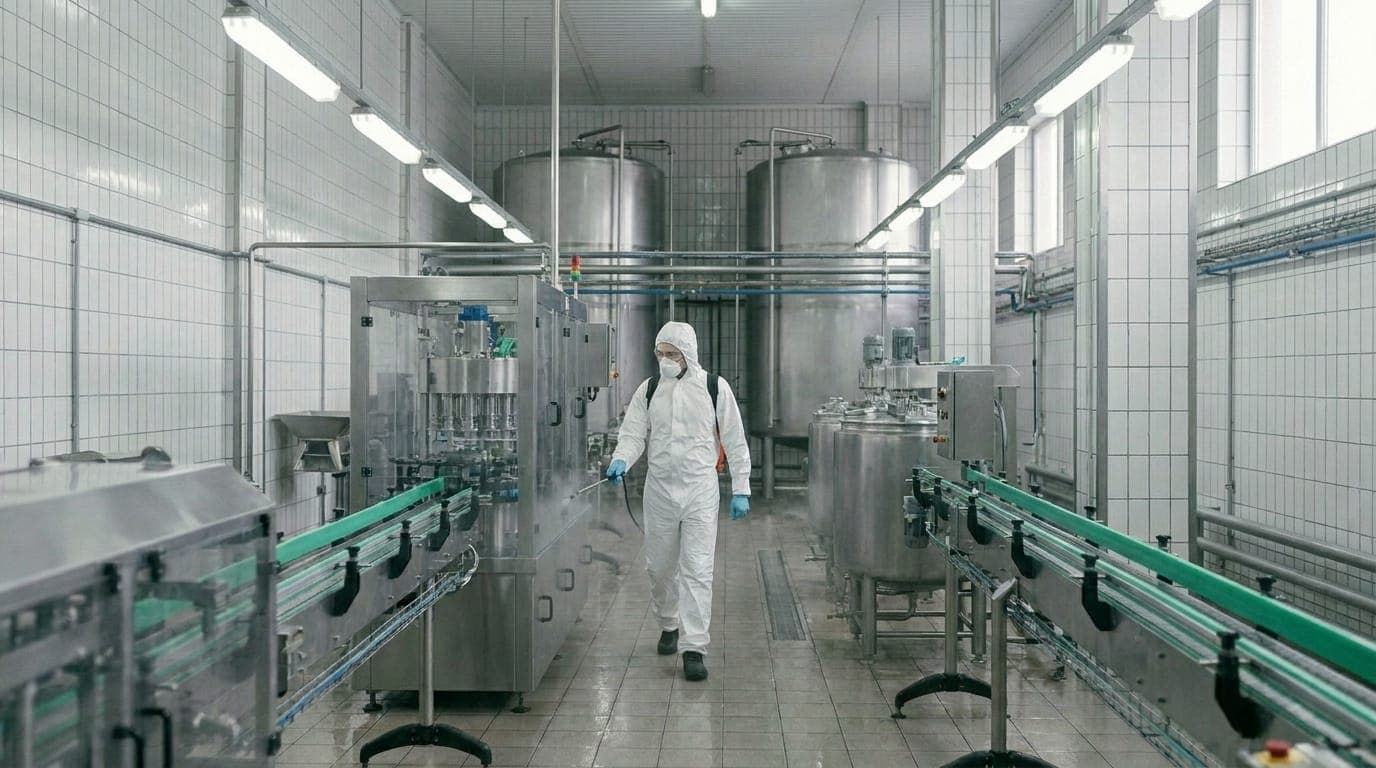 Operator DDD aplicând tratament de dezinsecție cu pulverizator profesional în hală industrială cu echipamente inox – Orynco Oradea
